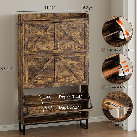 Shoe Cabinet with 3 Flip Drawers Narrow Shoe Storage Cabinet Organizer Wooden Freestanding Shoe Rack Hidden Slim Shoes Storage Cabinet for Entryway, Hallway, Living Room, Bedroom