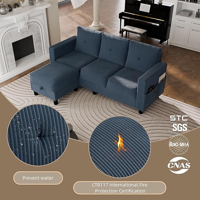JAMFLY Convertible Sectional Couches for Living Room, L-Shaped Couch 3 Seat Sectional Sofa Set with Polyester Fabric and Movable Ottoman Small Couch for Apartments, Office(Blue)