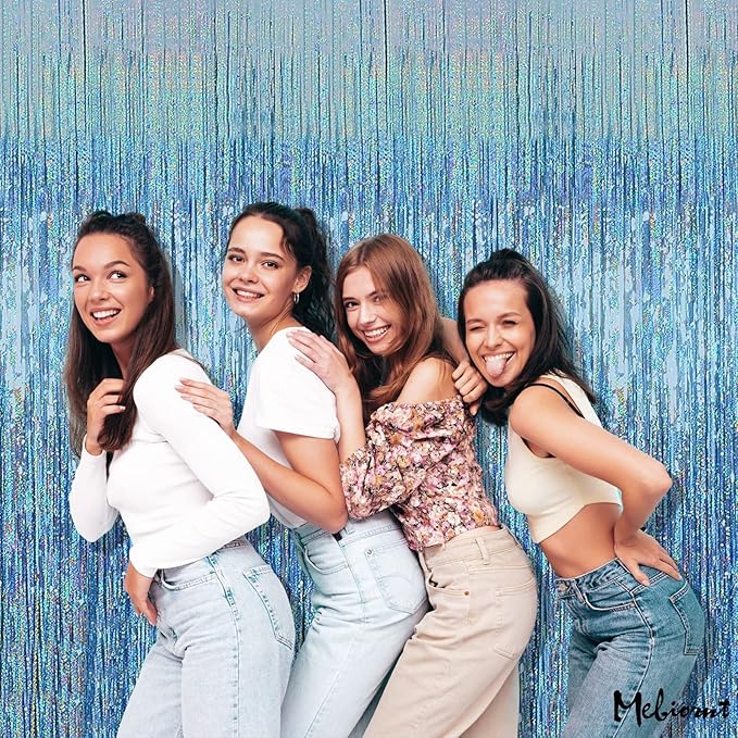 4 Pack Light Blue Fringe Curtain Backdrop, 3.2Ft x 8.2Ft Sparkle Metallic Tinsel Foil Fringe Streamers Background for Photo Booth Birthday Wedding Baby Shower Party Thanksgiving Christmas Decorations