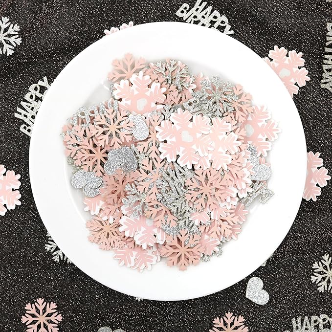Pink Snowflake Birthday Confetti for Table – 200PC Glitter Heart Snowflakes Table Scatter for Girl Winter Wonderland Birthday Decorations
