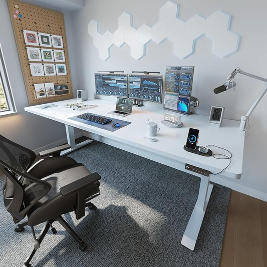 FEZIBO 71 x 37 Inch Standing Desk with Integrated Dual-Beam, Height Adjustable Computer Desk, Sit Stand Desk for Home Office Workstation, 1" Thick Large 3-Piece Desktop White