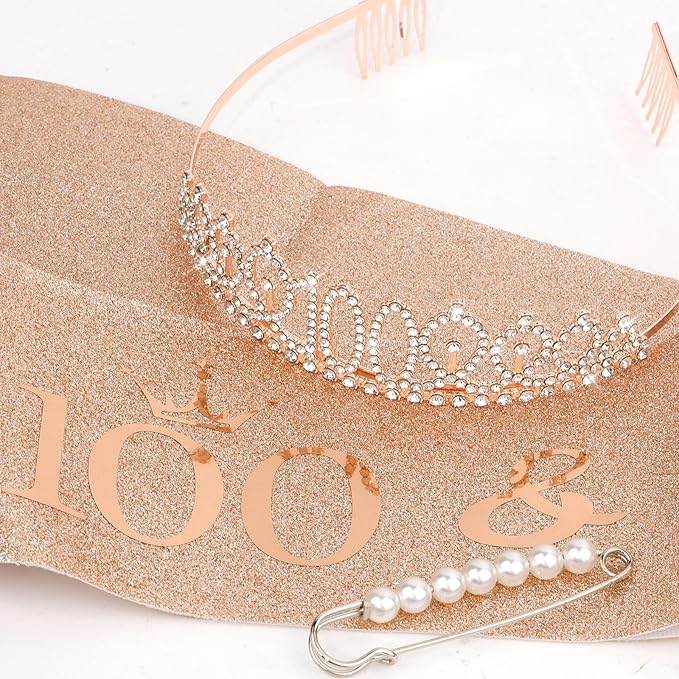 CIEHER 100th Birthday Crown + 100 & Fabulous Birthday Sash + Pearl Pin Set, 100th Birthday Gifts for Women Friends 100th Birthday Decorations Women Happy 100th Birthday Party Supplies