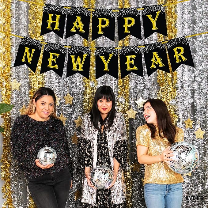 KatchOn, Black Gold Happy New Year Banner 2026-10 Feet | Happy New Year Sign, Happy New Years Decorations 2026 | NYE Banner for NYE Decorations 2026 | New Years Eve Party Supplies 2026