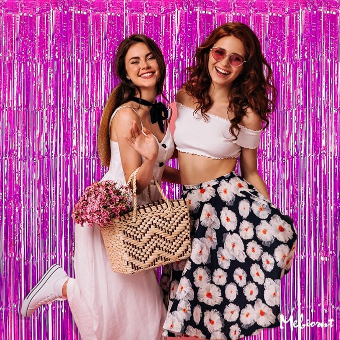 4 Pack Fuchsia Fringe Curtain Backdrop, 3.2Ft x 8.2Ft Metallic Tinsel Foil Fringe Streamers Background for Photo Booth Birthday Wedding Baby Shower Carnival Easter Mother’s Day Party Decorations
