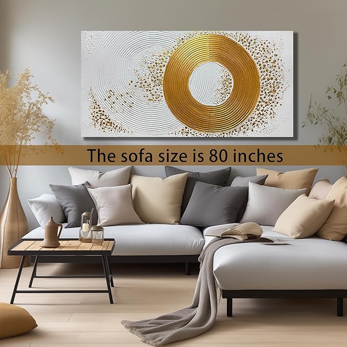 Abstract Circle Hand Painted Wall Art for Office White and Gold Pictures Wall Decor for Bedroom Extra Large Wall Art for Living Room Size 36 x 72 Inch