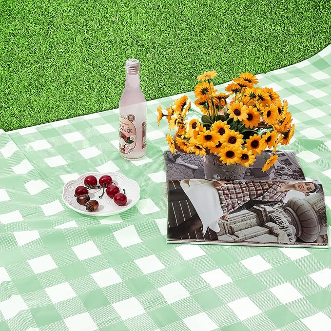 Kesfey 3 Packs Sage Green Gingham Tablecloth Sage Green and White Checkered Table Cloths 54 x 108 Inches Disposable Plastic Gingham Tablecovers Waterproof Picnic Camping Table Covers for Baby Shower