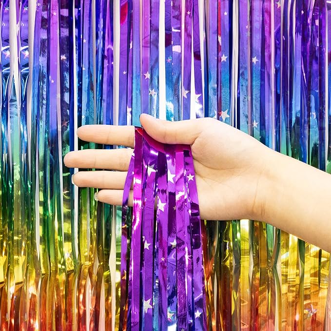 Thicken Rainbow Streamers 4 Pack 3.2 x 8.2 FT, Rainbow Birthday Decrorations Tinsel Backdrop Curtains, Foil Fringe Photo Backdrop for Birthday Decorations, 80s 90s Party Decorations