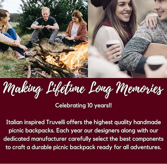 Truvelli Picnic Backpack for 2 with Blanket – 12-in-1 Insulated Picnic Basket Backpack Set with Wine Holder, Cutlery & Cheese Board – Luxury Picnic Back Pack for Couples, Outdoor Adventures, Blue