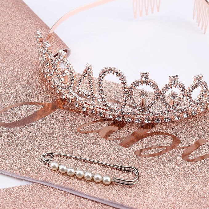 CIEHER 40th Birthday Crown + Sash + Pearl Pin Set for Women, Tiara, Gifts for Friends, Party Decorations & Favors