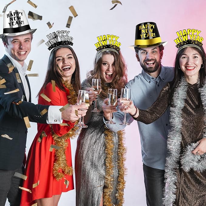 100PCS New Years Party Supplies, New Years Eve Headband 50 Guests, New Year Party Supplies, Cardboard Cone Hat Eve Hats and Tiaras Party Horns Fringed NYE Gold Black Silver