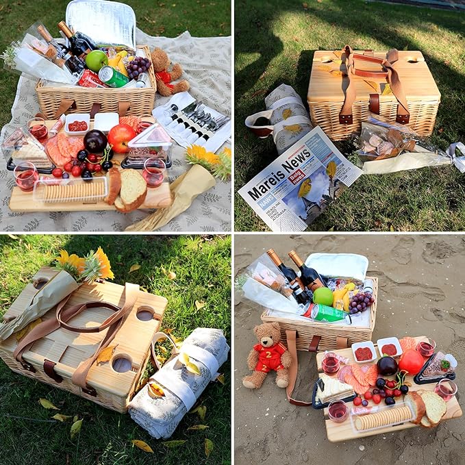 Hap Tim Wicker Picnic Basket for 4 with Mini Folding Wine Picnic Table & Large Insulated Cooler Bag & Cutlery Service Kits for 4 Person, Couples Gifts, Wedding Gifts (Y2307-4-CM)