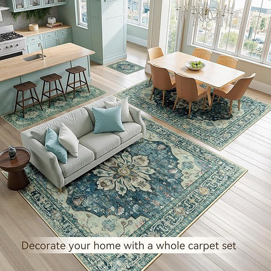 Area Rugs Square 8ft Washable Non-Slip, Floral Vintage Distress Print Pattern Medallion Carpet for Living Room Bedroom Dining Room, Dark Blue Vintage