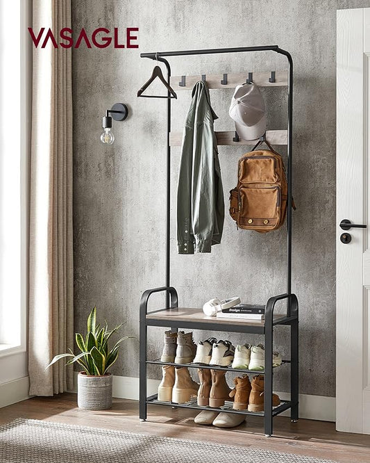 VASAGLE Coat Rack, Hall Tree with Shoe Bench for Entryway, Entryway Bench with Coat Rack, 4-in-1, with 9 Removable Hooks, a Hanging Rod, 13.3 x 28.3 x 72.1 Inches, Greige and Black UHSR40MB