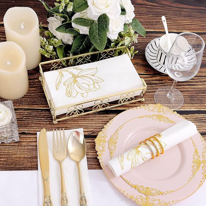 50 Pack Gold Magnolia Napkins - Gold Floral Disposable Napkins - Cloth-Like Feel Dinner Paper - Vintage Heavy Duty Hand Towels for Bathroom Wedding Holiday Party Bridal Decorative Towels