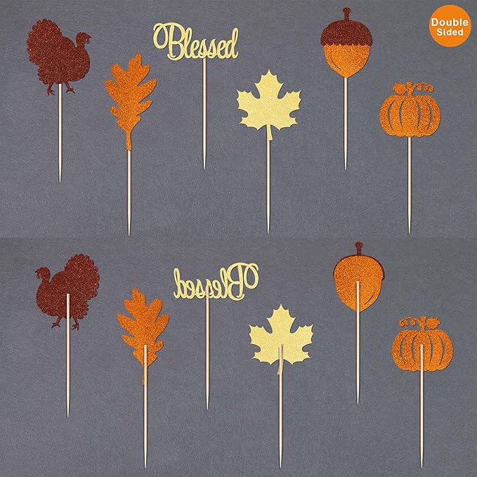 Gexolenu 24 Pcs Thanksgiving Cupcake Toppers Glitter Double-Sided Maple Leaf Blessed Turkey Pumpkin Cupcake Picks For Fall Theme Harvest Thanksgiving Cake Decorations Kids Birthday Party Supplies
