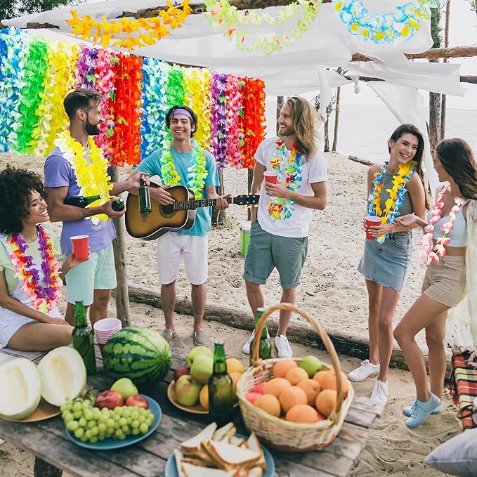 100pcs Luau Party Decorations, Silk Hawaiian Leis Tropical Flower Necklaces, Colorful Hula Dance Bulk Leis Decor, Flower Hawaiian Leis for Summer Beach Pool Theme Party Decorations Favors Supplies