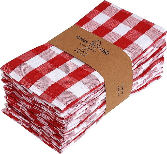 Urban Villa Cloth Napkins Set of 12 20x20 Inches 100% Cotton Napkins Cloth Washable Durable Reusable Absorbent Table Dinner Napkins Cloth for Christmas Hotel Lunch Restaurant Parties- Red White