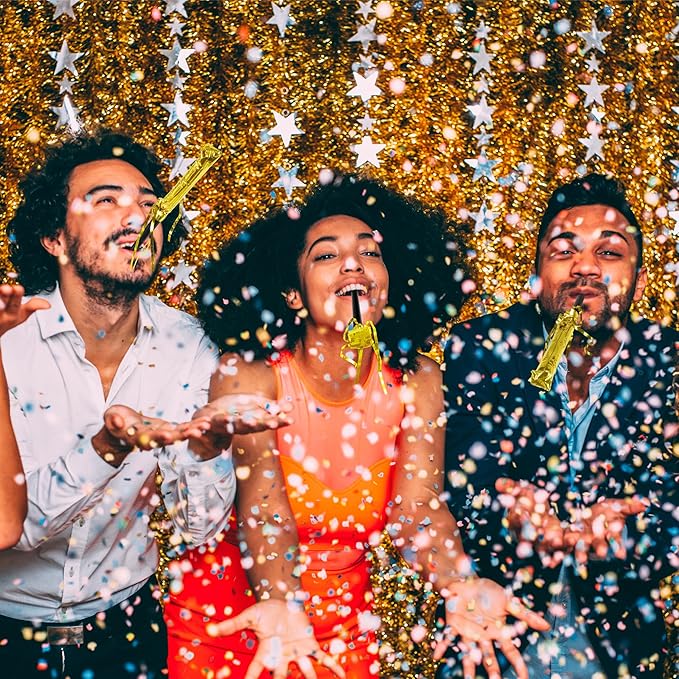 100Pcs New Years Noise Makers Party Favors, Metallic Fringed Party Blowers, Gold New Years Eve Supplies Party Horns NYE Blowers for Adults Women Men Eve Family Gathering