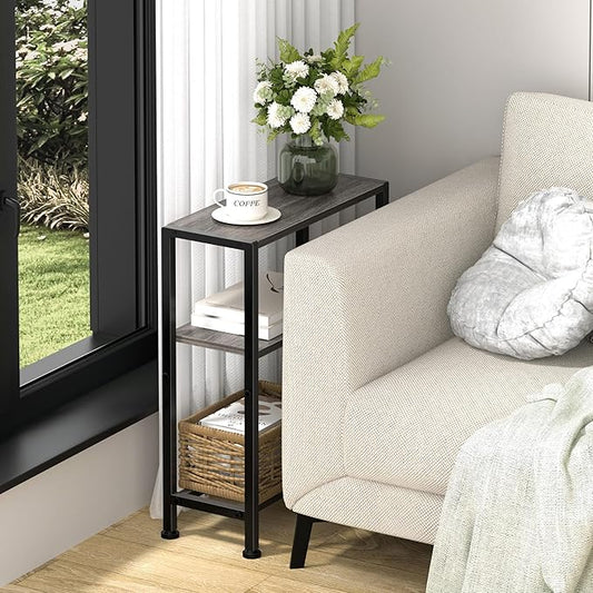 Narrow Side Table for Small Space, 2-Tier Small End Table with Shelf Holder, Slim Nightstand, Skinny Snack Couch Table in Living Room, Bedroom, Study, Kitchen and Balcony (Grey)