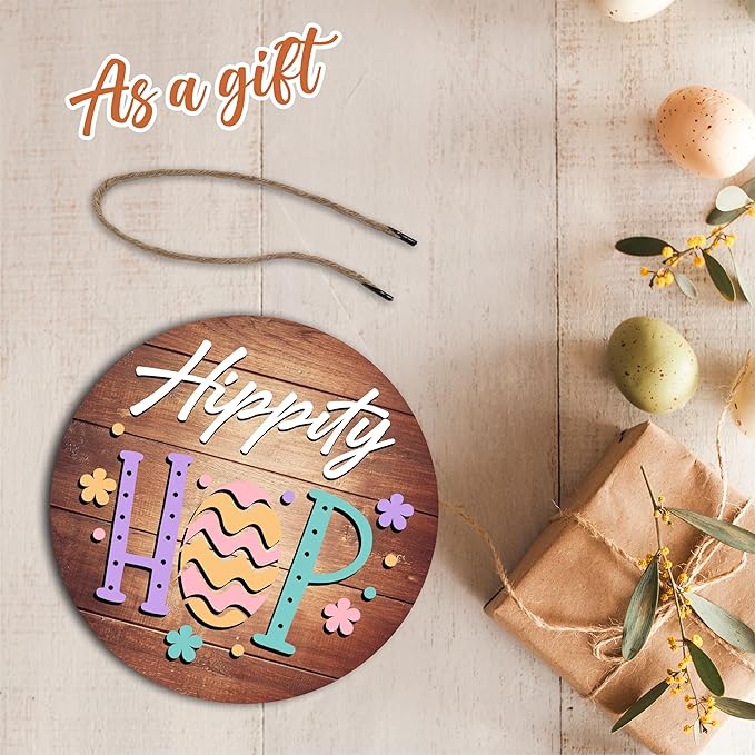 10" Easter Round Wooden Hanging Sign With Sisal Rope - Hippity Hop Wooden Plaque For Front Door, Porch, Outdoor Indoor, Farmhouse Wall Decor Party Favor & Decorations - B05