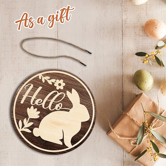 10" Easter Round Wooden Hanging Sign With Sisal Rope - Rustic Bunny Hello Wooden Plaque For Front Door, Porch, Outdoor Indoor, Farmhouse Wall Decor Party Favor & Decorations - B02