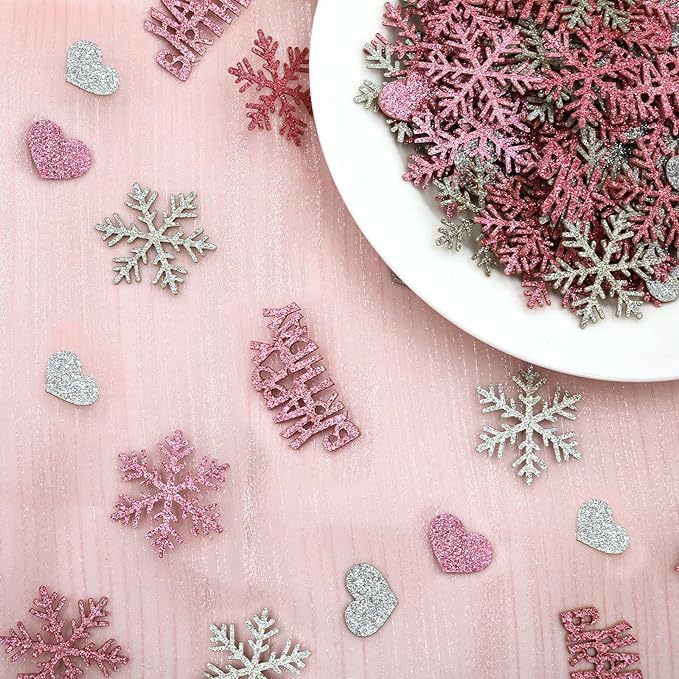 Pink Silver Snowflake Happy Birthday Confetti for Table – 200PC Glitter Snowflakes Table Confetti for Girl Winter Wonderland Birthday Party Decorations