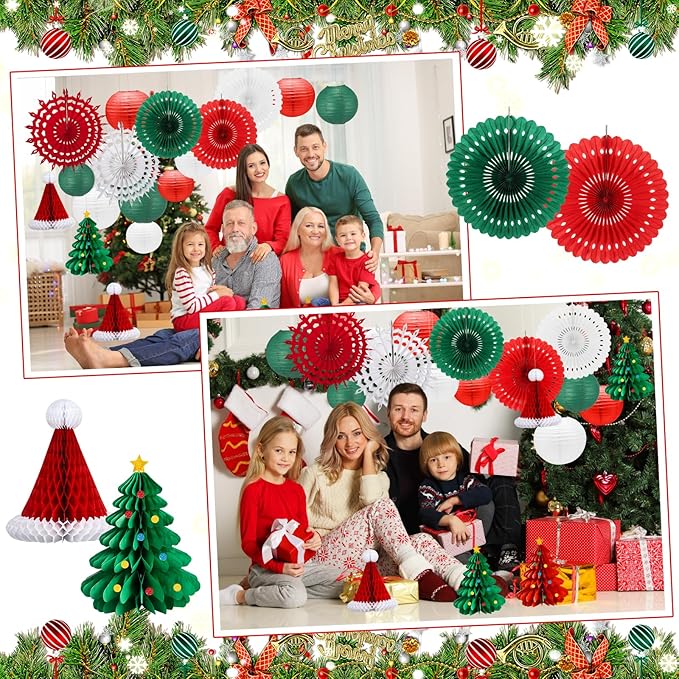 Christmas Paper Lanterns Decoration,19PCS Red Green Lanterns Handmade with Tape and String, Fans,Hanging Paper,Santa Hat for Christmas Party, New Year Eve Party