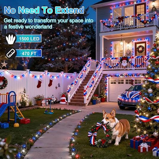 1500LED Christmas Lights Outdoor Use, 470ft 12 Modes Red Blue and White LED String Lights with Timer Dimmable, Waterproof Christmas Tree Lights for Xmas Patio Yard Fence Balcony Garden Decor