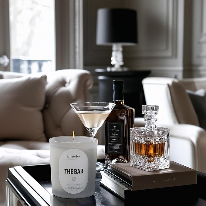 Homesick The Bar Scented Candle – 13 oz Soy Wax Candle with Organic Cotton Wick, 60–80 Hour Burn, Bourbon Vanilla Cedarwood Leather Scent, Reusable Glass Jar, Wedding & Engagement Gifts for Couples