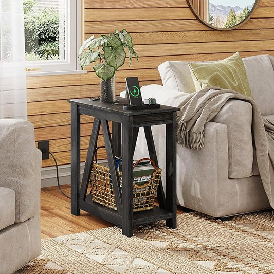 WLIVE Narrow Black End Table with Charging Station of Open Storage Shelf, Sofa Side Table with 2 USB Ports and 2 Power Outlets, Slim Farmhouse End Table for Small Spaces, 11.8" D x 23.6" W x 23.74" H