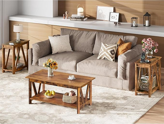 WLIVE End Tables Living Room Set of 2 with Charging Station, Sofa Side Tables with Open Storage Shelf, Slim Farmhouse End Table Sets, Rustic Brown