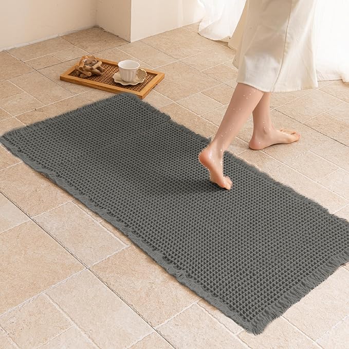 Waffle Bath Mat Non Slip, Boho Runner Rug, Super Absorbent Quick Dry Long Bath Runner Bathroom, Soft Farmhouse Bath Rug with Tassels, Washable Shower Mats for Floor 24"x48", Dark Grey