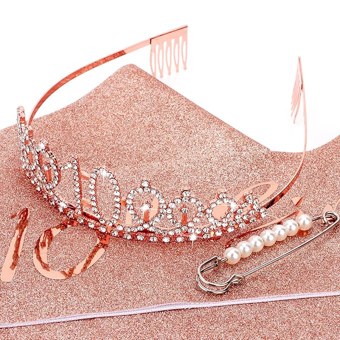 CIEHER 10th Birthday Crown, Sash + Pearl Pin Set - Decorations and Gifts for 10 Year Old Girl's Birthday Party Favors