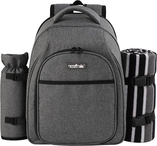 apollo walker Picnic Backpack Bag for 2 Person with Cooler Compartment, Detachable Bottle/Wine Holder, Fleece Blanket, Plates and Cutlery Set (2Person,Grey)