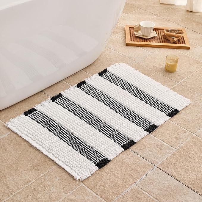 Waffle Bath Mat Non Slip, Boho Bathroom Rug, Super Absorbent Quick Dry Bathroom Mat, Soft Farmhouse Bath Rug with Tassels, Small Washable Shower Mats for Floor 20"x32", White and Black