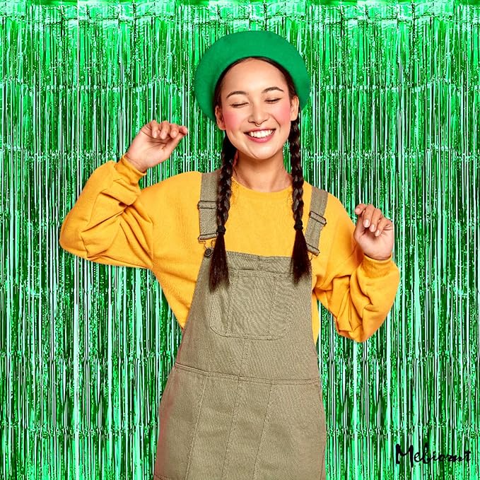 4 Pack Green Fringe Curtain Backdrop, 3.2Ft x 8.2Ft Metallic Tinsel Foil Fringe Streamers Background for Photo Booth Birthday Wedding Baby Shower Carnival Easter Mother’s Day Party Decorations