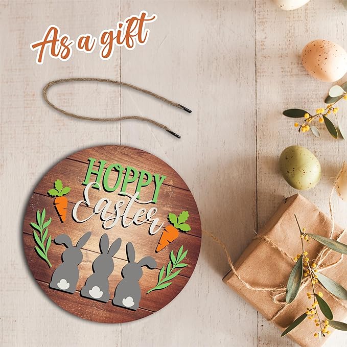 10" Easter Round Wooden Hanging Sign With Sisal Rope - Hoppy Easter - Three Little Bunnies Wooden Plaque For Front Door, Porch, Outdoor Indoor, Farmhouse Wall Decor Party Favor & Decorations - B04