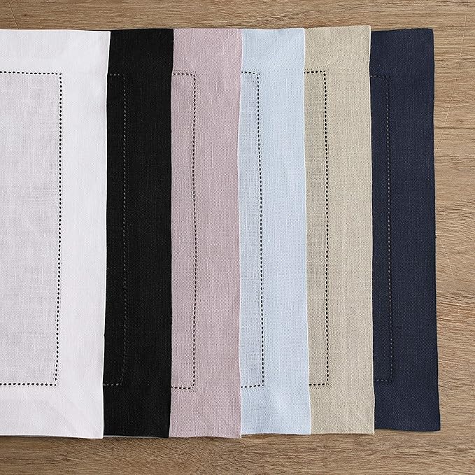 Solino Home Linen Placemats Set of 4 - Classic Hemstitch Natural Placemats 14 x 19 Inch - 100% Pure Linen Table Mats for Fall, Autumn, Christmas, Holiday, New Year