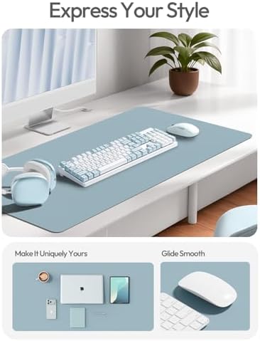 YSAGi Leather Desk Protector, Office Mat, Large Mouse Mat, Non-Slip PU Leather Blotter, Laptop Desk Mat, Waterproof Writing Pad for Office and Home(Ice Blue, 63" x 24")