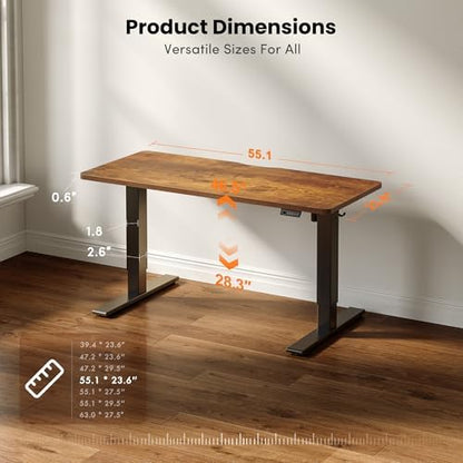 CubiCubi Electric Standing Desk 55 x 24 Inch, Height Adjustable Sit Stand Desk with Memory Presets, Splice Desktop Computer Desk for Home Office, Black Frame/Vintage Brown Top