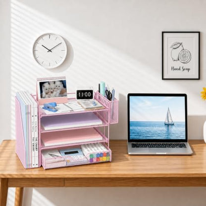 OPNICE Desk Organizers and Accessories, 4-Tier Desktop File Organizer with Drawer and Pen Holders, Office Desk Accessories Workspace Organizers for Office Supplies (Soft Pink)