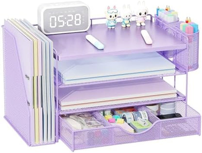 gianotter Wood Desk Organizers and Accessories with File Holder, 4-Tier Desk Accessories & Workspace Organizers with Drawer and 2 Pen Holder, Desk Reference Organizer (Purple, 4T with Metal Drawer)