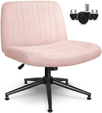 NEO CHAIR Criss Cross Chair with Wheels Armless Cross Legged Office Desk Wide Comfy Vanity Makeup Chair Adjustable Swivel Rolling Computer for Home Office Fabric (Pink)
