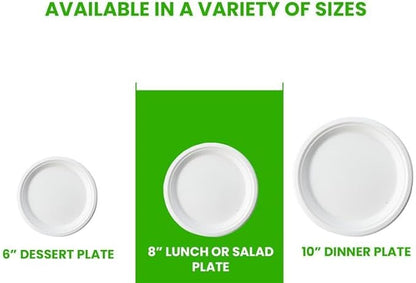 Round Compostable Plates, Disposable Sturdy, Sugarcane Biodegradable, Microwave Freezer Safe for Parties, Weddings, Events (8 Inch, 125, Count)