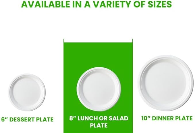 Round Compostable Plates, Disposable Sturdy, Sugarcane Biodegradable, Microwave Freezer Safe for Parties, Weddings, Events (8 Inch, 250, Count)