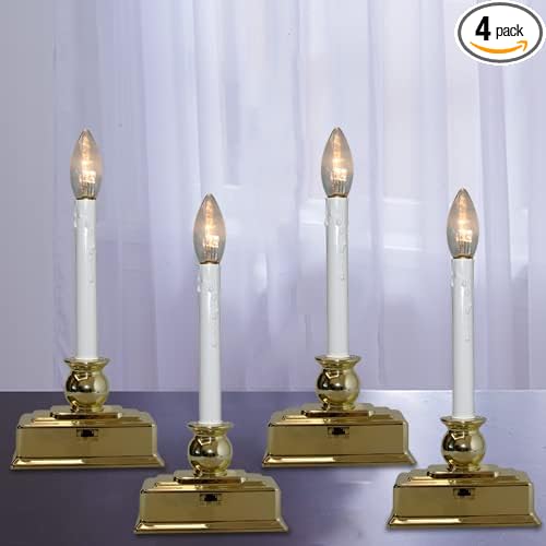 4 Pack Christmas Window Candles, 12 Inch Battery Operated LED Window Candles with Timer (8/16 Hour), 3V C26 Clear LED Bulb, Flameless Window Candle Lights for Christmas Table Party Decor-Gold Base