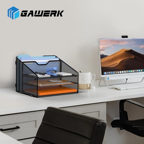 GAWERK Letter Tray Organizer, Mesh Desk File Organizer with 3 Paper Trays and 2 Vertical Upright Section (Blue)