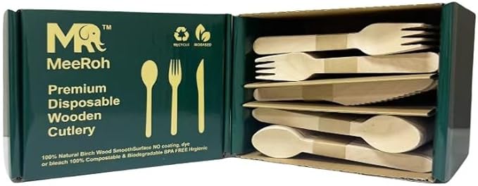 Premium Eco-Friendly Heavy-Duty Disposable Cutlery Set – 300-Piece Sturdy Forks, Spoons & Knives | Biodegradable, Compostable, Smooth Finish for Parties, Events & Camping Utensils – By MeeRoh