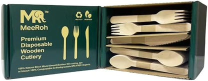 Premium Eco-Friendly Heavy-Duty Disposable Cutlery Set – 300-Piece Sturdy Forks, Spoons & Knives | Biodegradable, Compostable, Smooth Finish for Parties, Events & Camping Utensils – By MeeRoh