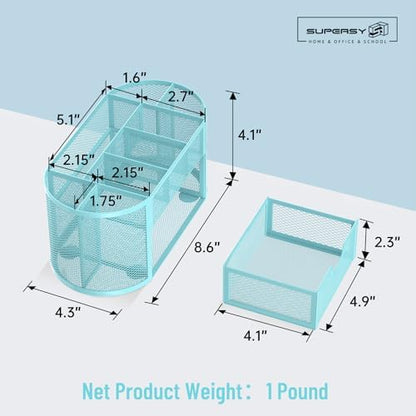 Mesh Desk Organizer with Drawer, 9-Compartment Pen Holder for Desk, Blue